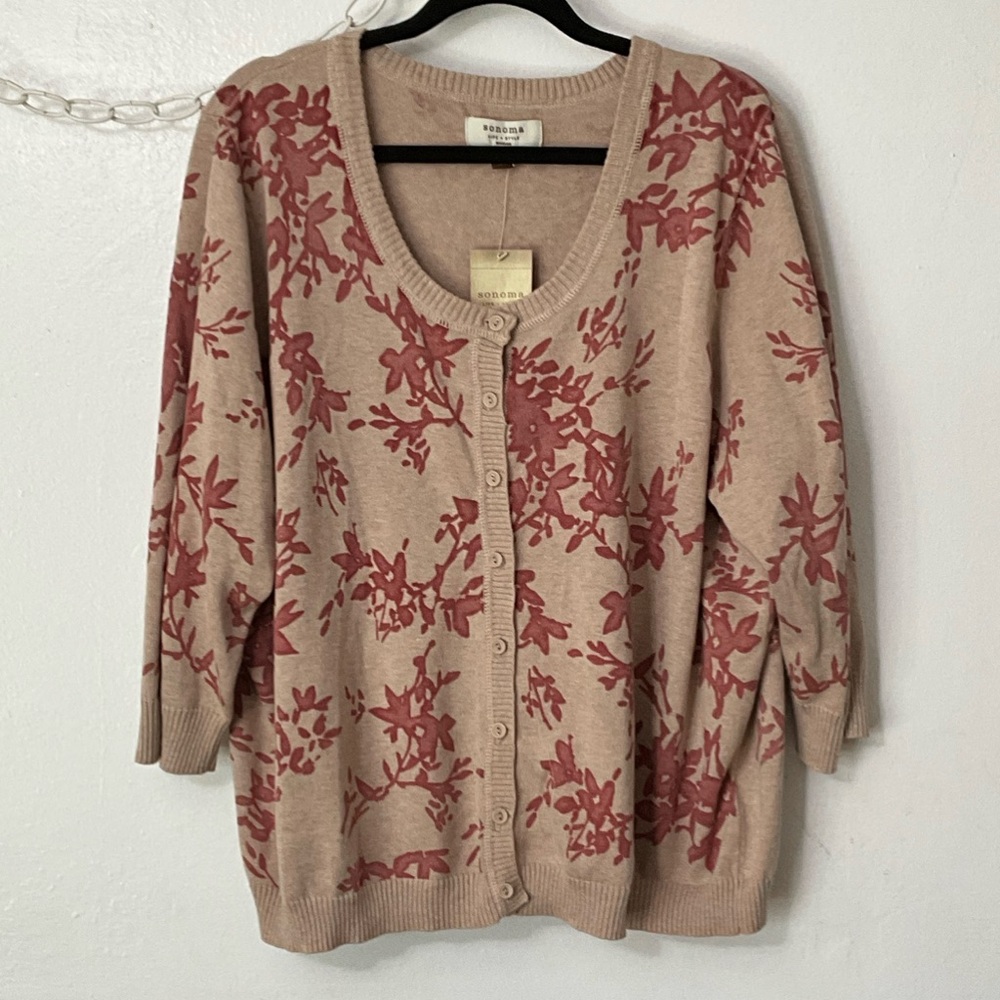 Sonoma Beige Cardigan with Rust Floral Jacquard